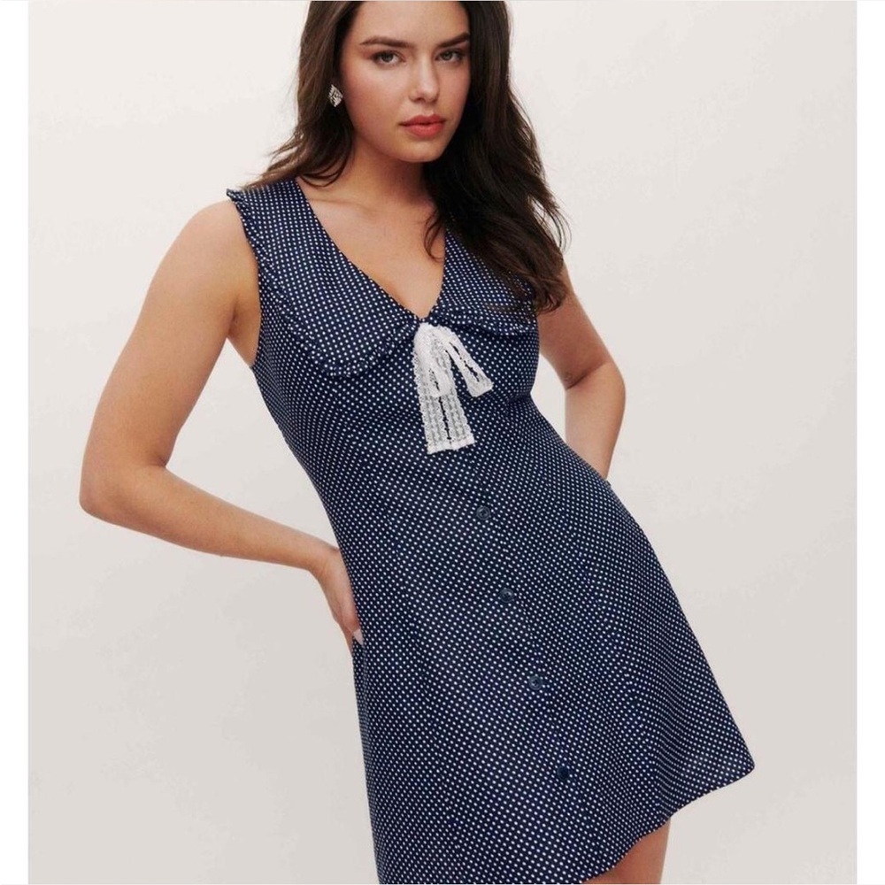 Reformation Navy Polka Dot Mini Dress with White Trim